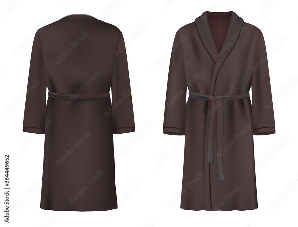 Black bathrobe mockup set, vector illustration isolated on white background. Realistic soft terry bathrobe or dressing gown for spa and bathroom, front and back view. - obrazy, fototapety, plakaty 