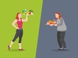 © YummyBuum - Healthy and unhealthy food choice. Fast food vs balanced menu comparison calories, female dieting and healthy eating, vector concept
