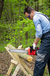 © Model Republic - Close up view of woodcutter lumberman in working uniform sawing small tree trunk on sawhorse with electric saw chainsaw in forest on sawmill, outdoors. Wood work, handwork, wood cutting tools, timber
