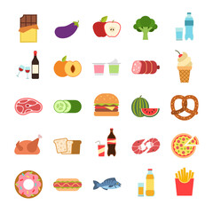 Flat food. Hamburger and bread, pizza and fruits, drinks. Vegetables, alcohol and meat, vine and water, seafood, takeaway vector icons