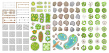 Set Of Park Elements. (Top View) Collection For Landscape Design, Plan, Maps. (View From Above) Pavements, Stones, Trees, Flower Beds, Fence.