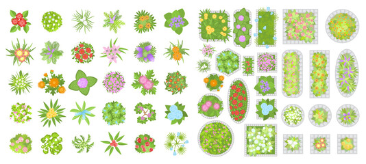 Sticker - Flowers and flower beds. Top view. Collection of different flowers for architectural and landscape design. (View from above) Nature green spaces.