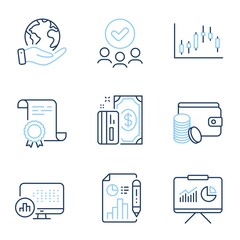 Wall Mural - Presentation, Payment and Report statistics line icons set. Diploma certificate, save planet, group of people. Payment method, Report document and Candlestick graph signs. Vector