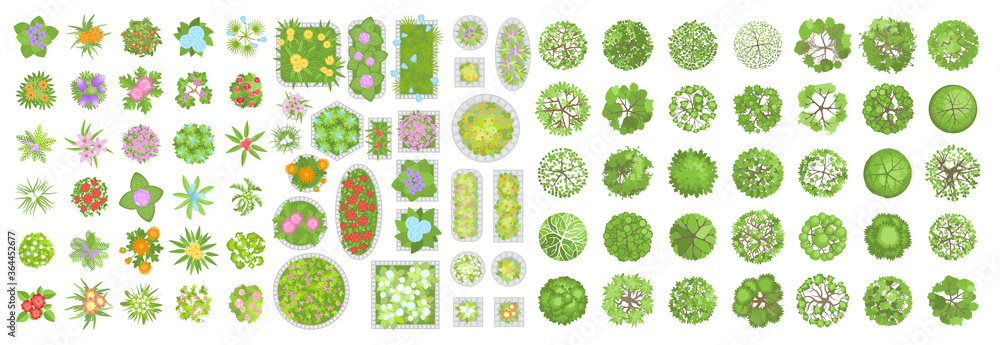 Vector set. Trees, flowers and flower beds. Top view. Different plants and trees vector set for architectural or landscape design. (View from above) Nature green spaces. - obrazy, fototapety, plakaty 
