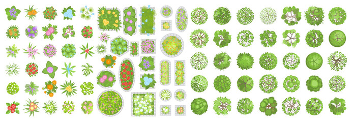 Canvas Print - Vector set. Trees, flowers and flower beds. Top view. Different plants and trees vector set for architectural or landscape design. (View from above) Nature green spaces.