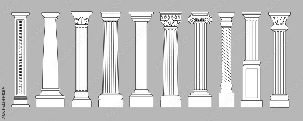 Ancient pillars. Classic historical roman column, antique architecture greece different columns, architectural line style vector set - obrazy, fototapety, plakaty 