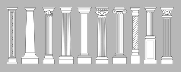 ancient pillars. classic historical roman column, antique architecture greece different columns, arc