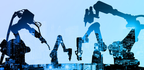 Leinwandbilder - Double exposure of modern automation robot arms with Ai assistant technology network concept and metropolis city building background.