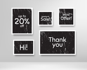 Weekend sale, 20% discount and wow offer. Black photo frames with scratches. Thank you phrase. Sale shopping text. Grunge photo frames. Images on wall, retro memory album. Vector