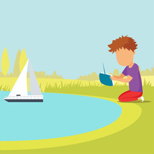 A Boy Playing With A Radio Boat. Vector Illustration.