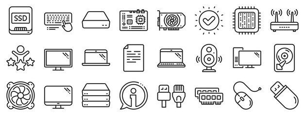 Motherboard, CPU, Internet cables icons. Computer components, Laptop, SSD line icons. Wifi router, computer monitor, Graphic card. Keyboard, SSD device. Internet cables, laptop components. Vector