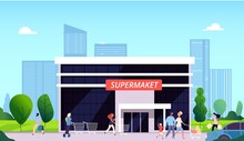 People Going To Supermarket. Mall Street, Food Store And City Landscape. Tiny Woman Man Kid With Shopping Bags Basket Carts Vector Illustration. Supermarket Store, Market Mall And People
