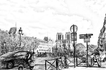 drawing style that represents an evening glimpse of the Notre Dame cathedral seen from a sidewalk not far away