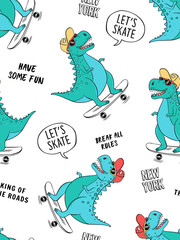 Wall Mural - Seamless pattern with cute dinosaurs for kids fashion. Skate theme vector illustrations.