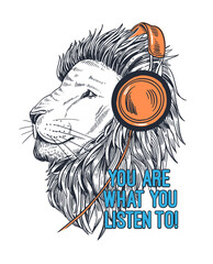 Wall Mural - Lion vector illustration with headphone, for t-shirt prints, posters and other uses.