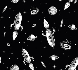 Wall Mural - Hand drawn space elements seamless pattern. Space background. Space doodle illustration. Vector illustration. Seamless pattern with cartoon space rockets, planets, stars.