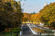 Tokyo, Japan. Autumn view of Yoyogi Park in Tokyo, with colorful autumn trees, pond, people walking and Tokyo skyline in the background, sunny day. 