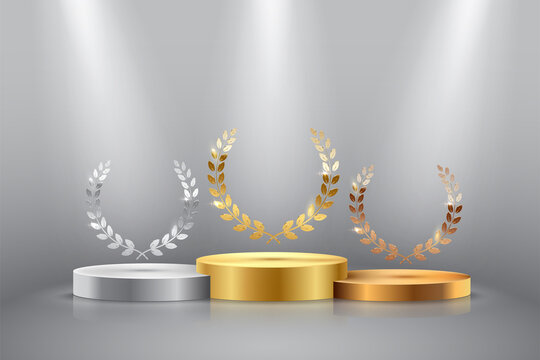 winner background with golden, silver and bronze laurel wreaths with ribbons on round pedestal isola