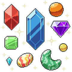 Sticker - pixel art set isolated gemstone jewelry