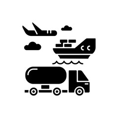 Sticker - Shipping black glyph icon. Freight transportation, delivery service silhouette symbol on white space. Commercial shipment, production distribution by sea, land and air. Vector isolated illustration