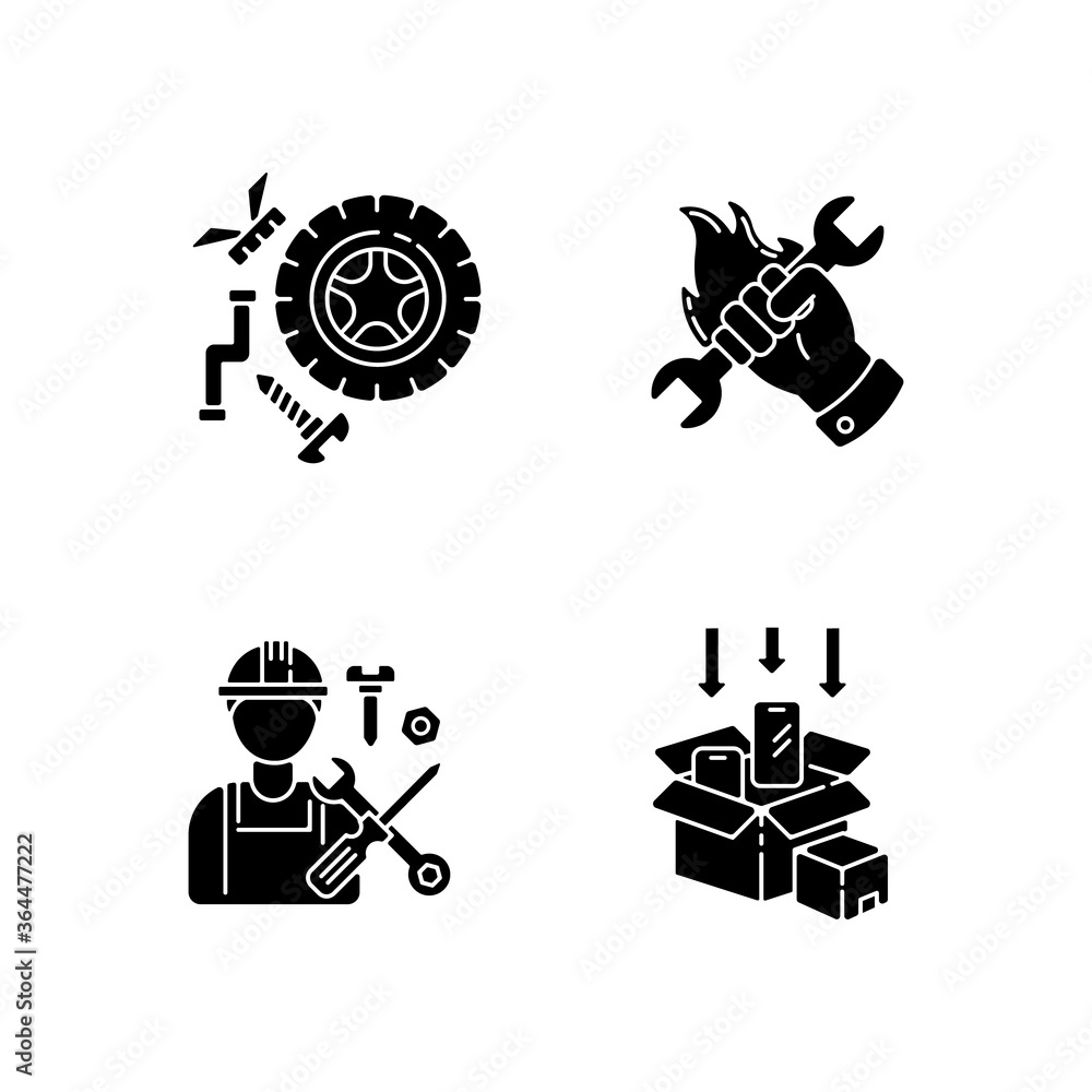 Industrial work black glyph icons set on white space. Spare parts ...