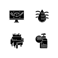 Sticker - Manufacturing stages black glyph icons set on white space. Computer aided design, product painting, drying and serial numbering silhouette symbols. Production processes. Vector isolated illustrations