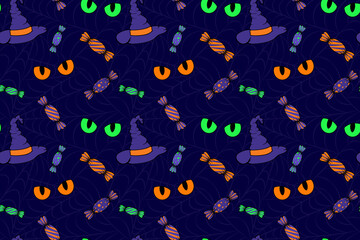 Wall Mural - Cute halloween seamless pattern. Witch hat, cat eyes and sweets elements for Halloween party. Print design  for fabric, textile, wallpaper, wrapping paper,  background