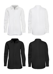 Wall Mural - White and black shirt mockup set. Isolated blank male cotton long sleeve shirt template set. Front and back views of man shirts mockup collection. Vector formal elegant fashion clothes mock up design