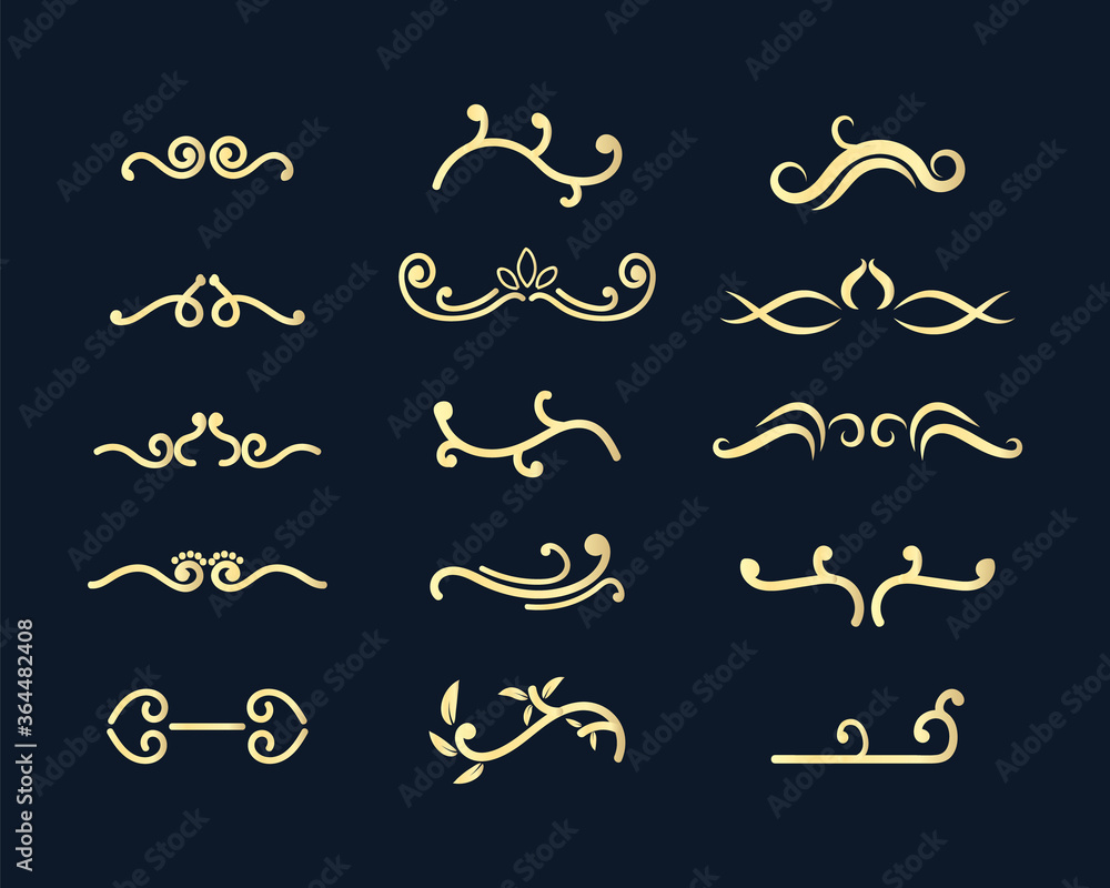 set Luxury Gold vintage invitation filigree decoration Ornamental curls ...