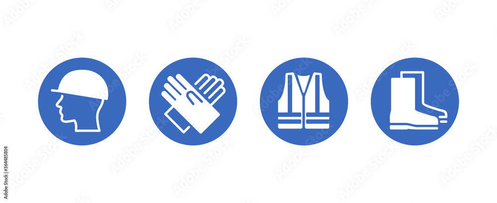 PPE required caution sign - Personal protective equipment icons set for industry and working areas under construction - isolated vector collection - obrazy, fototapety, plakaty 