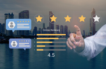 Hotel review online by consumer concepts with bubble people review comments and rating.