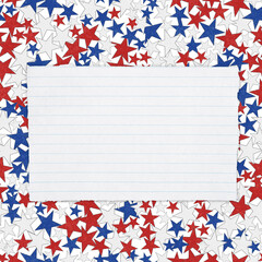 Torn piece of white notepad paper with lines on red, white and blue stars paper background