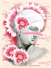 Diana Head Statue With A Pink Gerberas Flowers On A Pink Background.