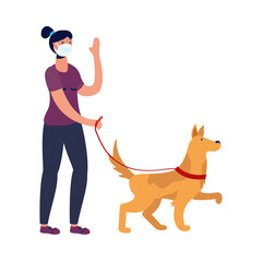 Wall Mural - young woman walking with dog using medical mask