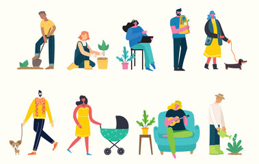 Vector illustration background in flat design of group people doing different activity