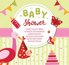 Cute Colorful Baby Shower Greeting Card With Stork, Baby And Baby Things