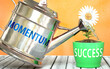 Momentum helps achieving success - pictured as word Momentum on a watering can to symbolize that Momentum makes success grow and it is essential for profit in life and business, 3d illustration