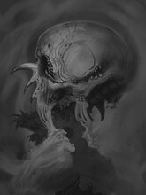 Digital Drawing Of Creepy Alien Skull With Weird Deformities - Digital Fantasy Illustration
