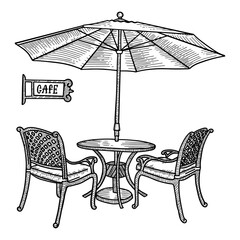 Hand drawn street cafe - table, two chairs and ambrella or parasol . Hand drawn sketch for Menu design, sketch restaurant city, exterior architecture, Black and white vintage vector illustration.