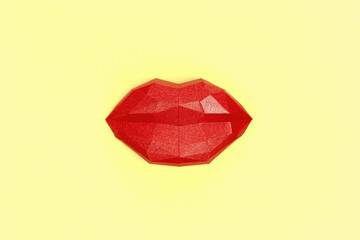 Poster - Romance concept with bright beauty red polygonal paper lips. Creative kiss. World Kissing Day greeting card. Flat lay.