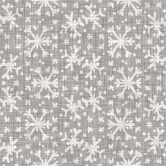 

Rustic seamless farmhouse linen printed winter background. Primitive grey linen pattern texture. Country cottage style  christmas white snow falling. Traditional homespun festive all over print.