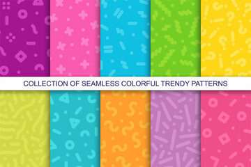 Collection of trendy seamless bright vector patterns - memphis design. Colorful creative backgrounds - retro fashion style 80-90s