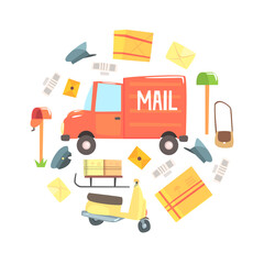 Sticker - Post Office Cargo Vehicle and Postal Delivery Objects of Round Shape Vector Illustration