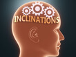 Inclinations inside human mind - pictured as word Inclinations inside a head with cogwheels to symbolize that Inclinations is what people may think about, 3d illustration