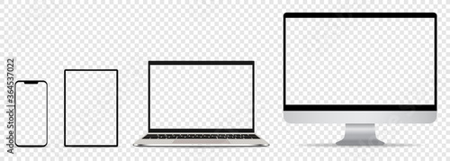 Realistic set monitor, desktop, laptop, tablet, smartphone vector. Empty screen with checkerboard transparent background. Isolated blank set illustration AI EPS.