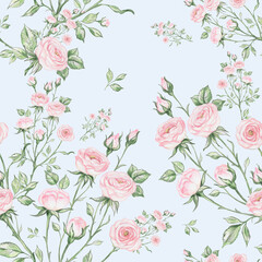  Great print for your design and decor. Seamless pattern of bouquets of roses drawn by pencil and paints on paper.