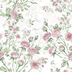  Great print for your design and decor. Seamless pattern of bouquets of roses drawn by pencil and paints on paper.