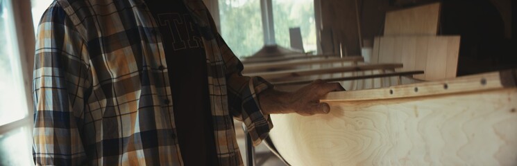 Wall Mural - Caucasian male walking near and touching a canoe he made in a workshop. Boat making hobby, small business owner