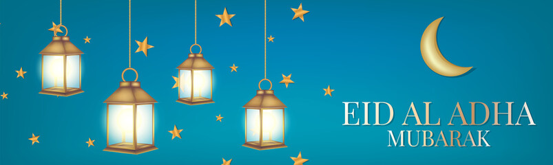 Eid Al Adha Mubarak banner or header. Muslim holiday of sacrifice. Islam religious celebration. Arabic design concept. Golden lantern and stars, calligraphy lettering on blue background.