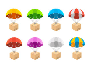 Wall Mural - Cartoon Color Different Parachute with Box Icons Set. Vector